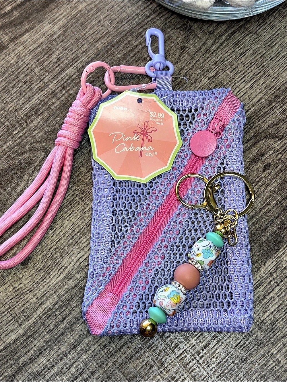 🔥5 for $25🔥Pink Cabana Mesh Mini Pouch with Keychain in Purple & Pink
